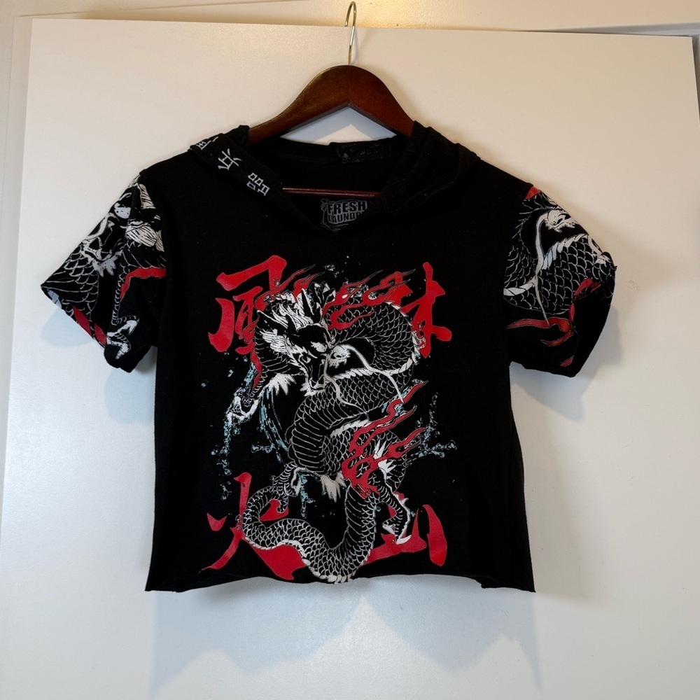 Fresh Laundry Womens Black and Red Dragon Hooded Festival Tee